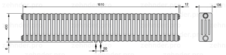 Схема (чертеж) Радиатор Zehnder Charleston 4040/35 №3470 Белый глянцевый RAL 9016